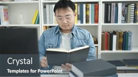  Presentation with reading table - Slide deck enhanced with young-chinese-man-student-reading background and a gray colored foreground