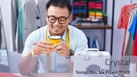  Presentation with coffee shop - Presentation design with young-chinese-man-tailor-smiling background and a light blue colored foreground