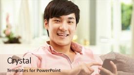  Presentation with mobile home - Theme enhanced with young chinese man using mobile phone on sofa at home background and a lemonade colored foreground