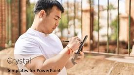  Presentation with chinese - Slide set featuring young-chinese-man-using-touchpad and a coral colored foreground