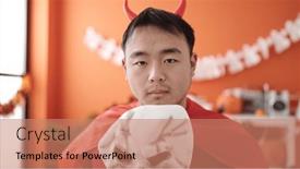  Presentation with skull - PPT theme with young-chinese-man-wearing-devil background and a coral colored foreground