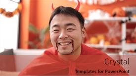  Presentation with devil - Presentation theme having young-chinese-man-wearing-devil background and a red colored foreground