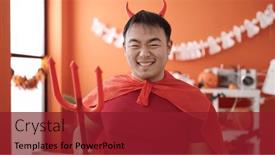 Presentation with devil - Presentation design enhanced with young-chinese-man-wearing-devil background and a crimson colored foreground