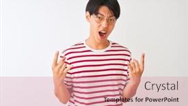  Presentation with rock star - Presentation consisting of young chinese man wearing glasses and striped t-shirt standing over isolated white background shouting with crazy expression doing rock symbol with hands up music star heavy concept background and a coral colored foreground