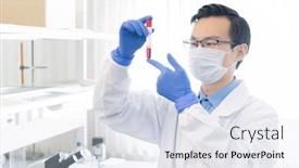  Presentation with substance - PPT theme featuring young-chinese-researcher-in-protective background and a sky blue colored foreground