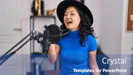  Presentation with music singing - Presentation design with young-chinese-woman-artist-singing background and a ocean colored foreground