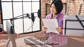  Presentation with music singing - PPT layouts consisting of young-chinese-woman-artist-singing background and a coral colored foreground