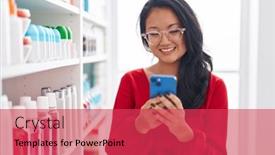  Presentation with pharmacy - PPT theme with young-chinese-woman-customer-smiling background and a red colored foreground