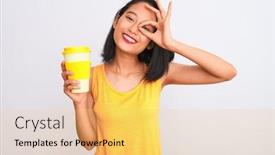  Presentation with eye glass - Presentation theme consisting of young chinese woman drinking take away glass of coffee over isolated white background with happy face smiling doing ok sign with hand on eye looking through fingers background and a yellow colored foreground