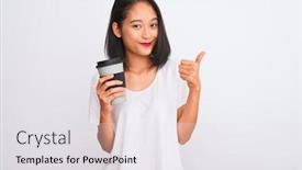 Presentation with drinking glass - Presentation design with young chinese woman drinking take away glass of coffee over isolated white background happy with big smile doing ok sign thumb up with fingers excellent sign background and a white colored foreground