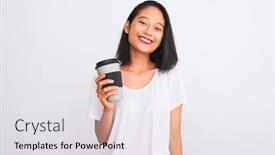  Presentation with drinking glass - Audience pleasing slide set consisting of young chinese woman drinking take away glass of coffee over isolated white background with a happy face standing and smiling with a confident smile showing teeth backdrop and a white colored foreground