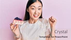  Presentation with cheesecake - Theme enhanced with young-chinese-woman-eating-cheesecake background and a soft green colored foreground