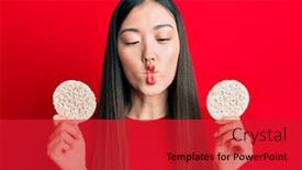  Presentation with rice crackers - Beautiful slide deck featuring young-chinese-woman-eating-healthy backdrop and a red colored foreground