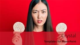  Presentation with rice crackers - Audience pleasing slide set consisting of young-chinese-woman-eating-healthy backdrop and a crimson colored foreground