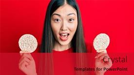 Presentation with rice crackers - Audience pleasing presentation theme consisting of young-chinese-woman-eating-healthy backdrop and a crimson colored foreground