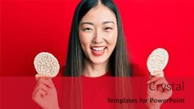  Presentation with rice crackers - Presentation theme featuring young-chinese-woman-eating-healthy background and a crimson colored foreground