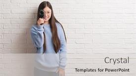  Presentation with chinese chinese - Amazing theme having young chinese woman filming holding video camera with a happy face standing and smiling with a confident smile showing teeth backdrop and a light gray colored foreground