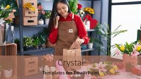  Presentation with flower woman - Presentation theme having young-chinese-woman-florist-talking background and a coral colored foreground
