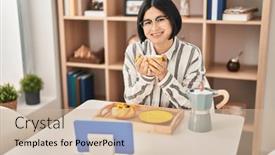  Presentation with movie - Presentation theme enhanced with young-chinese-woman-having-breakfast background and a soft green colored foreground