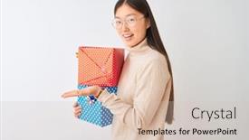  Presentation with woman hands open - PPT layouts with young-chinese-woman-holding-birthday background and a soft green colored foreground