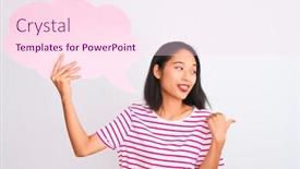  Presentation with bubble - Presentation featuring young chinese woman holding cloud speech bubble standing over isolated white background pointing and showing with thumb up to the side with happy face smiling background and a pink colored foreground