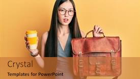  Presentation with leather bag - PPT theme featuring young-chinese-woman-holding-leather background and a red colored foreground