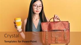  Presentation with leather bag - Cool new slide deck with young-chinese-woman-holding-leather backdrop and a red colored foreground