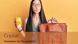  Presentation with leather bag - Cool new slide deck with young-chinese-woman-holding-leather backdrop and a red colored foreground