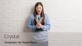  Presentation with trophy - Beautiful slide deck featuring young chinese woman holding trophy scared in shock with a surprise face afraid and excited with fear expression backdrop and a light gray colored foreground