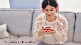  Presentation with coffee music - Presentation design with young-chinese-woman-listening background and a coral colored foreground