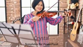  Presentation with music studio - Presentation theme featuring young-chinese-woman-musician-playing background and a coral colored foreground