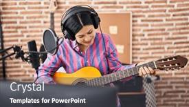  Presentation with music studio - Presentation theme enhanced with young-chinese-woman-musician-playing background and a dark gray colored foreground