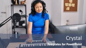 Presentation with piano keyboard - Slide deck enhanced with young-chinese-woman-musician-playing background and a ocean colored foreground