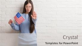  Presentation with america flag - Audience pleasing slide deck consisting of young chinese woman over brick wall holding flag of america with open hand doing stop sign with serious and confident expression defense gesture backdrop and a light gray colored foreground