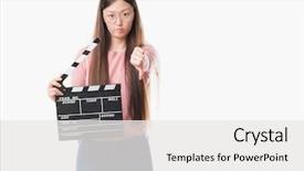  Presentation with chinese - Colorful PPT theme enhanced with young chinese woman over isolated backdrop and a  colored foreground