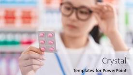  Presentation with pharmacy tablet - Presentation design featuring young-chinese-woman-pharmacist-smiling background and a light blue colored foreground