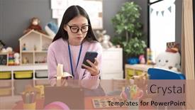  Presentation with banana - Presentation theme consisting of young-chinese-woman-preschool-teacher background and a coral colored foreground