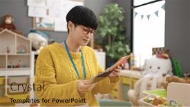  Presentation with preschool - Slides featuring young-chinese-woman-preschool-teacher background and a gold colored foreground