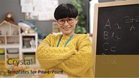  Presentation with preschool - Presentation theme featuring young-chinese-woman-preschool-teacher background and a gold colored foreground