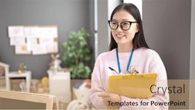  Presentation with preschool - Presentation theme consisting of young-chinese-woman-preschool-teacher background and a coral colored foreground