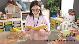  Presentation with story book - Presentation enhanced with young-chinese-woman-preschool-teacher background and a coral colored foreground