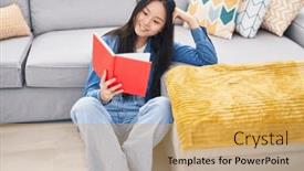  Presentation with chinese - PPT theme enhanced with young-chinese-woman-reading-book and a  colored foreground