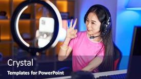  Presentation with recording - Slides having young-chinese-woman-recording-vlog background and a navy blue colored foreground