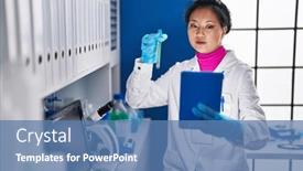 Presentation with test tube laboratory - Presentation consisting of young-chinese-woman-scientist-holding background and a teal colored foreground
