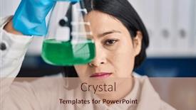  Presentation with test tube laboratory - PPT theme having young-chinese-woman-scientist-holding background and a coral colored foreground