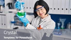  Presentation with liquid - PPT theme enhanced with young-chinese-woman-scientist-measuring background and a gray colored foreground
