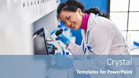  Presentation with microscope - PPT layouts featuring young-chinese-woman-scientist-smiling background and a teal colored foreground