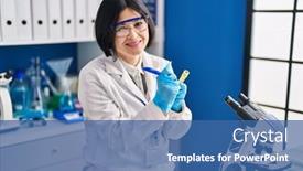  Presentation with test tube laboratory - Slides featuring young-chinese-woman-scientist-writing background and a ocean colored foreground
