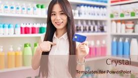  Presentation with credit card - PPT layouts consisting of young-chinese-woman-shopping background and a coral colored foreground