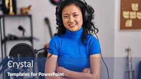  Presentation with music studio - Slide deck enhanced with young-chinese-woman-singer-smiling background and a ocean colored foreground